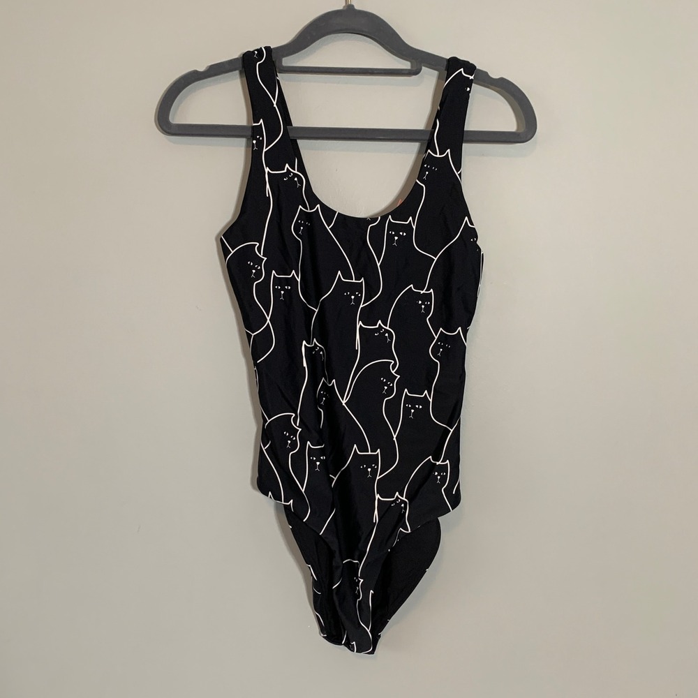 Lazy Oaf Black White Cat Print One Piece Swimsuit Size 8 Tie Back